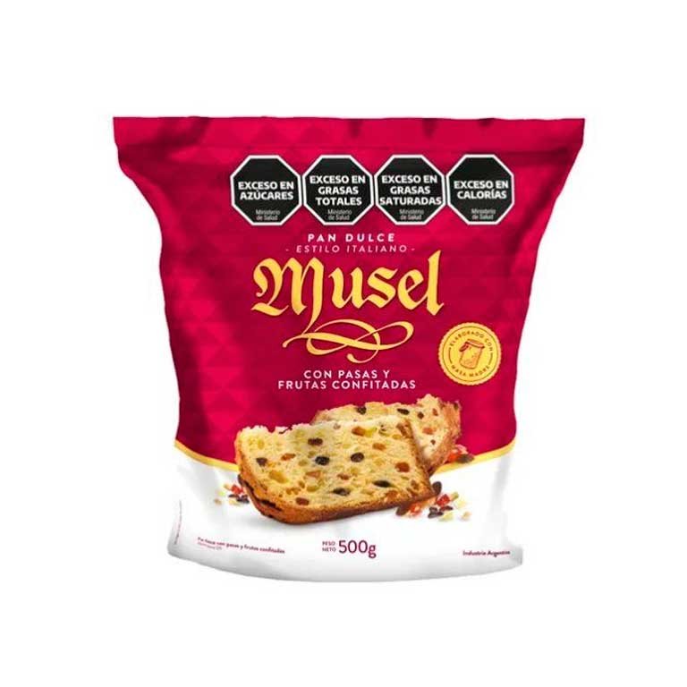 Pan dulce Musel con pasas y frutas abrillantadas x 500g.