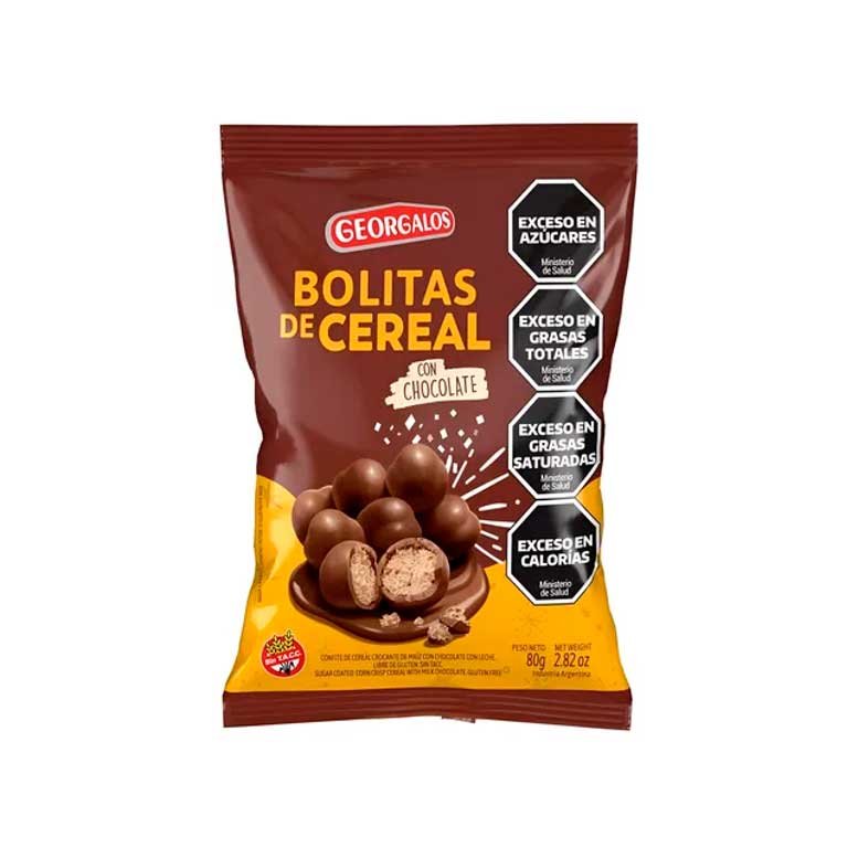 Bolitas de cereal bañada con chocolate negro Georgalos x 80g. Sin gluten.