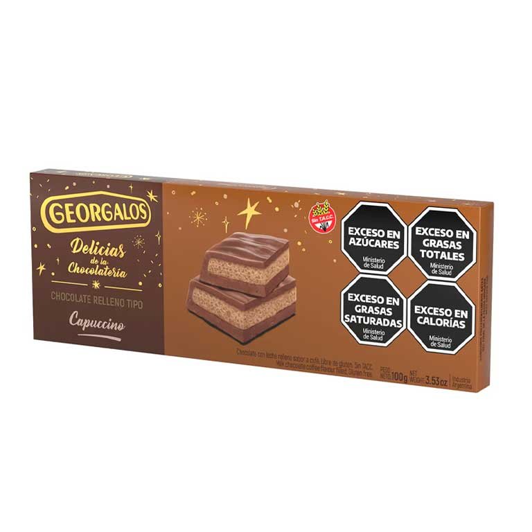 Chocolate Georgalos, tableta de chocolate con relleno tipo cappuccino x 100g. Sin gluten.